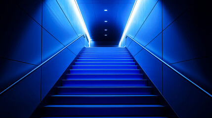 Fototapeta premium Illuminated Staircase: A Modern Architectural Masterpiece. Blue Neon Lights and Sleek Metal Railings Create a Stunning Visual Experience.