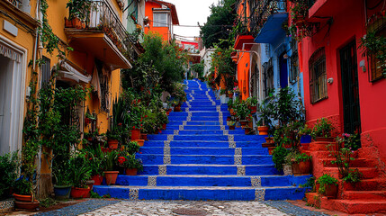 Fototapeta premium Vibrant Blue Steps in a Colorful Mediterranean Town: A Picturesque Urban Landscape