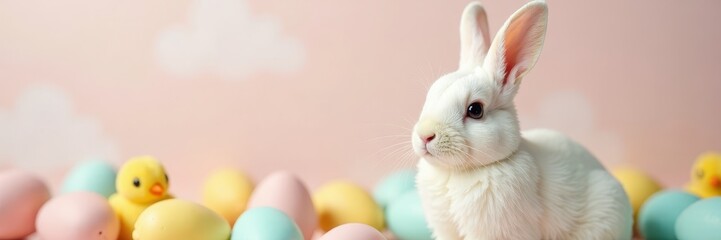 Obraz premium Close-up of a white Easter bunny against a delicate chick-print backdrop , design, texture
