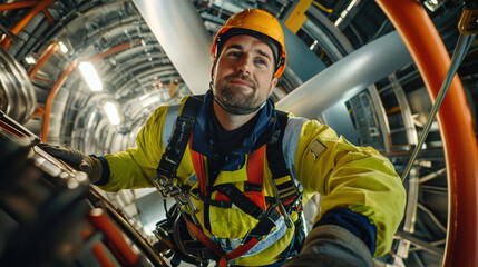 maintenance engineer in safety gear smiles while working at height