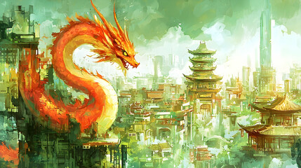 Fototapeta premium Orange dragon overlooking Asian city, smoky sky, game design concept art.