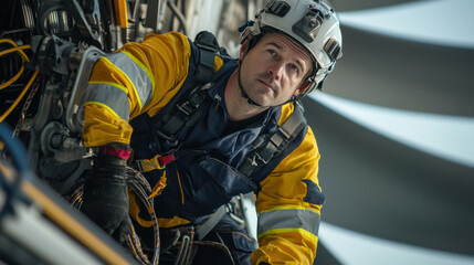 Obraz premium Maintenance engineer working on machinery at height, focused and skilled