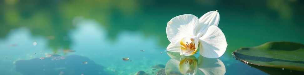 Delicate white orchid floats on the surface of a serene lake, partially submerged in crystal clear water , reflection, floral, water