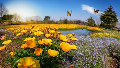 Obraz premium Enchanting Spring Landscape with Blooming Flowers and Flowing Stream