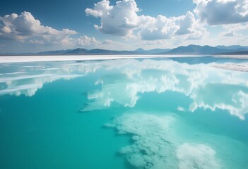 Fototapeta premium Turquoise water reflects cloudy sky and distant mountains