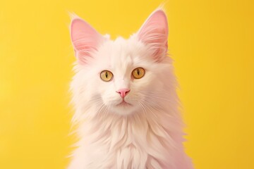 Fototapeta premium Portrait of a cute turkish angora cat on pastel yellow background