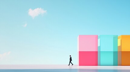 Obraz premium businessman walks past colorful transparent cubes under blue sky