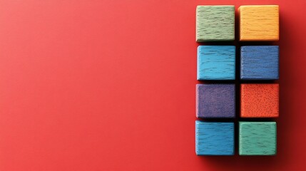 Fototapeta premium Colorful wooden blocks arranged in a fun pattern on a vibrant red background