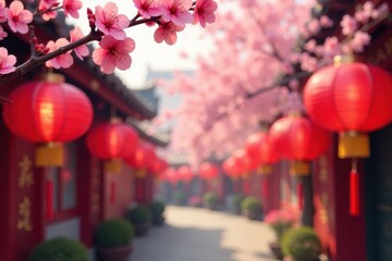 Pink cherry blossoms frame vibrant red Chinese lanterns against a blurred background , backdrop, blossom
