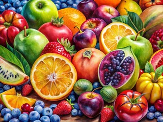 Macro Close-up of Watercolor Painted Fruit, Vibrant Colors, Artistic Texture