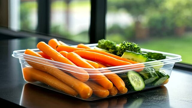 A plastic container packed with raw vegetables like baby carrots, bell pepper strips, and cucumbers, ideal for a light, nutritious snack or meal.