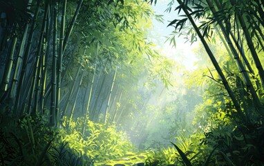 Obraz premium A serene bamboo forest with light filtering through the tall, swaying stalks