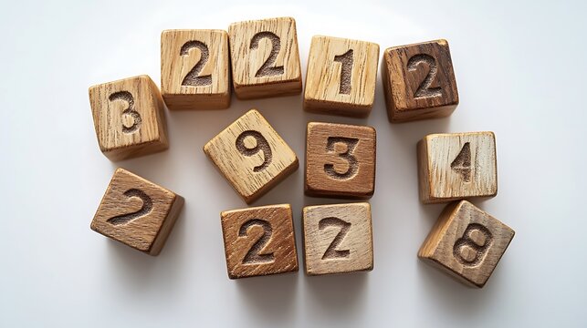 Wooden number blocks with engraved digits displayed on a white surface