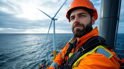 technician in orange safety suit and helmet poses confidently on wind turbine