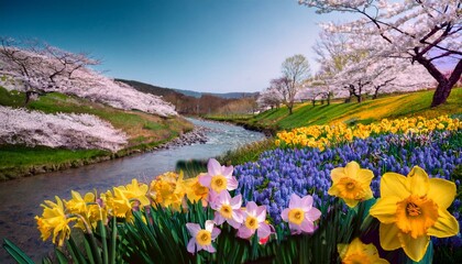 Obraz premium Enchanting Spring Landscape with Blooming Flowers and Flowing Stream