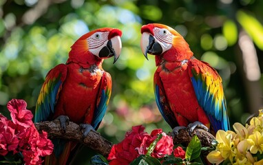 Naklejka premium A pair of vibrant macaws perched on a tropical tree branch surrounded by colorful flowers