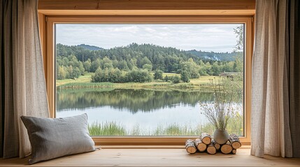 Natural landscape view from a cozy window overlooking a serene lake and forest