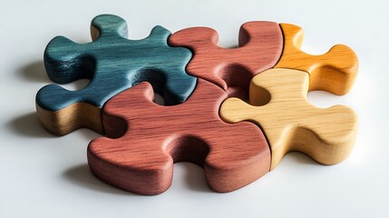 Fototapeta premium Wooden puzzle pieces in natural and colorful finishes on a smooth surface