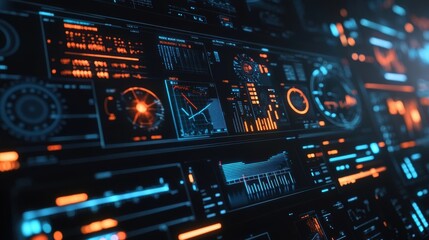 Obraz premium Futuristic control panel displaying manufacturing data, visualizing production processes and performance metrics in a modern industrial setting