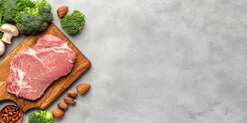 Iron rich foods composition. Meat, nuts, broccoli, mushrooms, beans