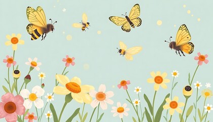 Butterflies Bees Daisies Floral Meadow Pastel Springtime Scene