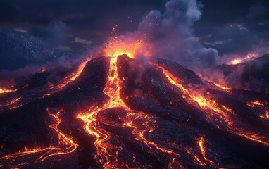 A dramatic volcano erupting at night, with streams of glowing lava and ash clouds illuminated by the fiery explosion
