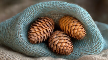 Three pine cones nestled in a teal fabric pouch on burlap.