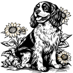 Cavalier King Charles Spaniel Surrounded by Sunflowers Illustration