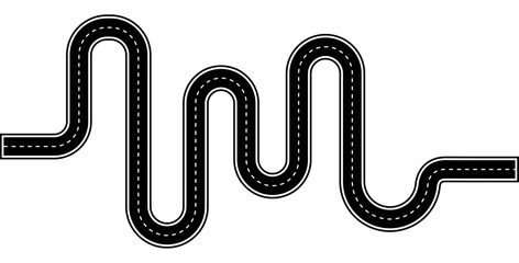 Zigzag road symbol on white background. Winding vector road sign. Asphalt winding road simple sign. Modern pathway. Top view on road map symbol. Curve highway roadway design. 
