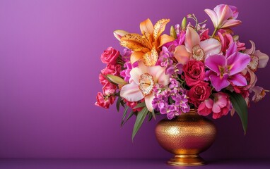 Naklejka premium A luxurious bouquet of orchids and lilies in a golden vase on a bright purple background for valentines day