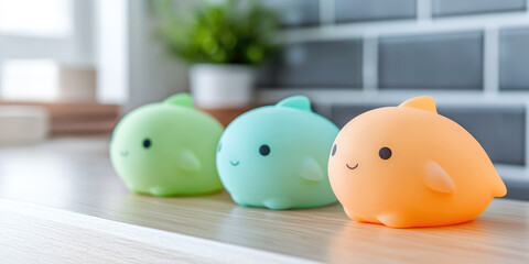 Multicolored squishy toys on the counter. Soft silicone anti-stress toys assortment background wallpaper