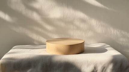 A minimalist composition of a wooden circle tower placed on a smooth fabric surface