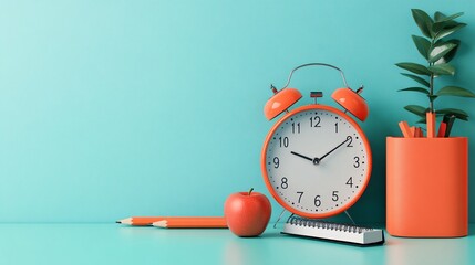 Stylish workspace setup with orange clock, apple, and green plant on teal background