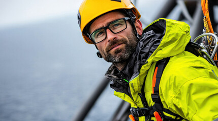Fototapeta premium descriptionTechnician in safety gear working on offshore wind turbine, focused and determined