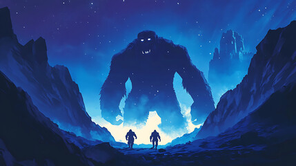A silhouette of two figures facing a giant creature against a starry night backdrop.