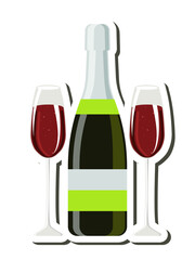 Bottle of sparkling red wine and two glasses as a sticker on a white background isolated. 