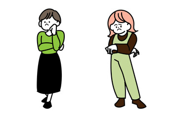 腕を組んで困っている女性の全身イラストのセット