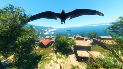 Fototapeta premium Pterodactyl soars over coastal village; idyllic landscape background.