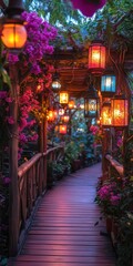 Naklejka premium Illuminated walkway with lanterns and flowers.