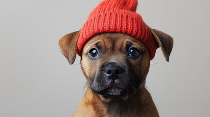 Cute dog wearing red knit hat posing against light background indoors