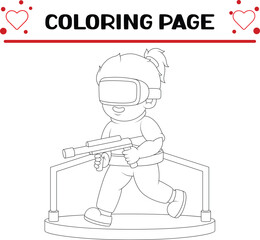 boy is playing shooting game coloring page for kids