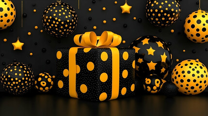 Golden gift box with black and yellow polka dots and stars