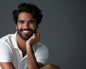 Fototapeta premium Handsome Saudi man model smiles warmly while showcasing stylish white attire in a modern setting