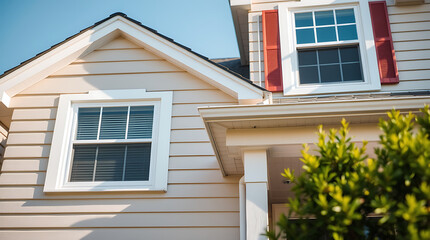 A light beige house's exterior displays two windows with white frames. One is a multi-paned window with red shutters.  A portion of a porch and landscaping are visible. The siding is horizontal.