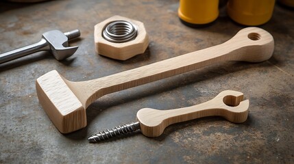 A mini wooden hammer, screwdriver, and wrench set for kids displayed on a table