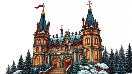 Fototapeta premium Enchanted Winter Castle with Festive Holiday Illumination against Snowy Forest