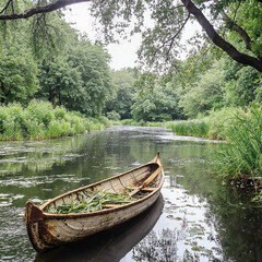 Obraz premium Abandoned boat with plants floating on serene river