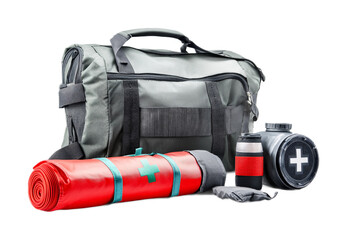 Fototapeta premium Camping First Aid Kit with Essential Emergency Items - Isolated on White Background