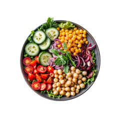 Vibrant Veggie Bowl: A colorful and inviting bowl overflowing with fresh vegetables, chickpeas, and herbs. A healthy and delicious meal option for a satisfying and nutritious lunch or dinner.  