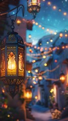Fototapeta premium Amazing glowing Ramadan lanterns, peaceful night atmosphere with beautiful village views